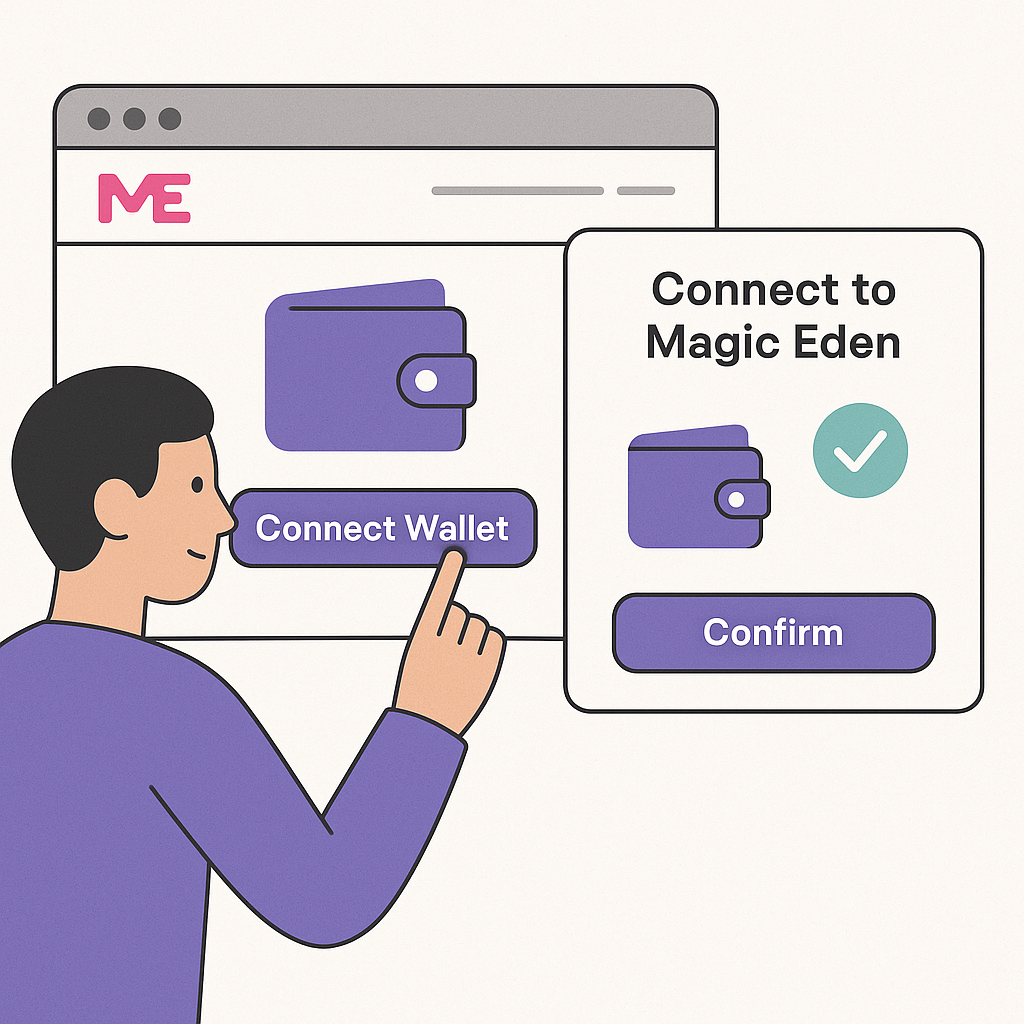 A user connecting their crypto wallet to a website, with pop-up confirmation and Magic Eden branding.