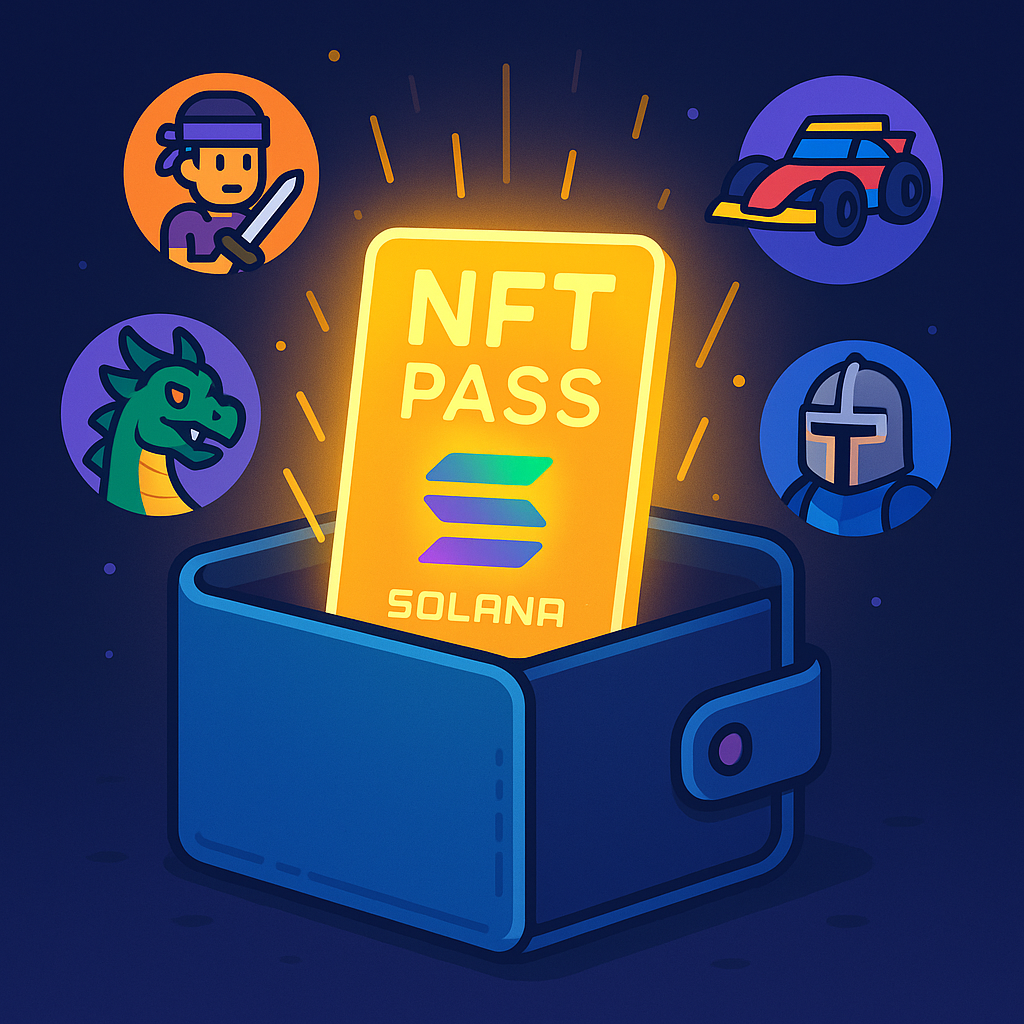 A digital NFT pass glowing in a wallet, surrounded by icons of various Solana games, vibrant and futuristic.