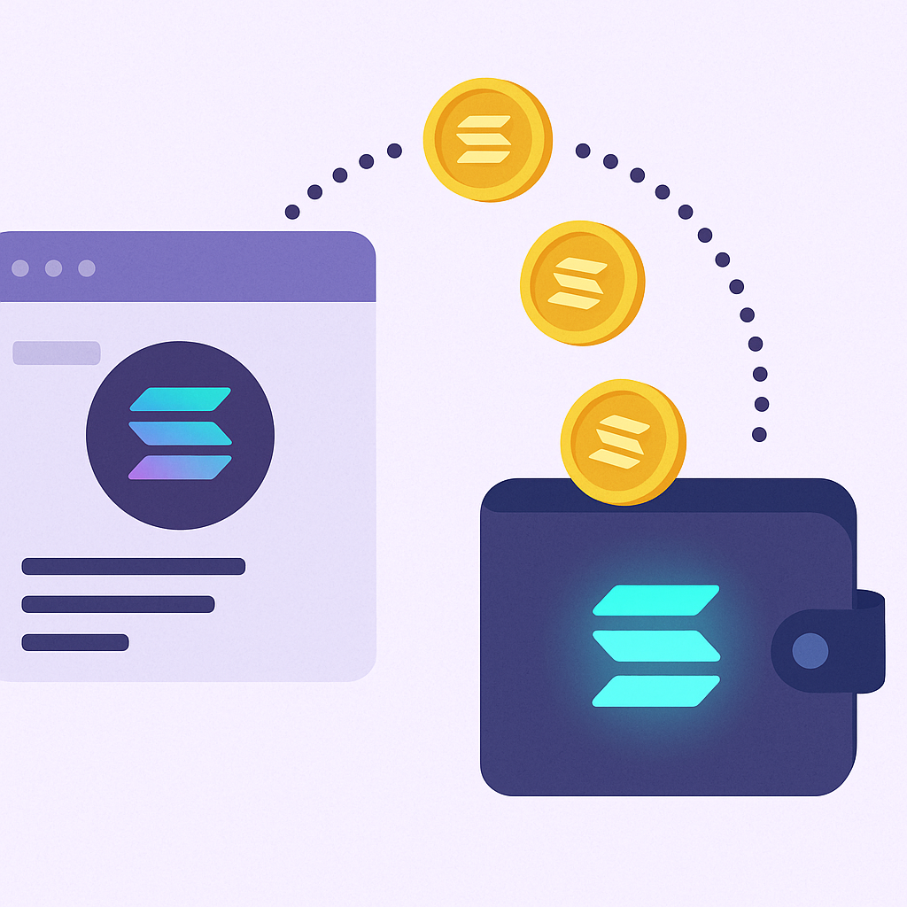 A digital wallet receiving SOL coins, with a glowing Solana logo and coins transferring from an exchange.