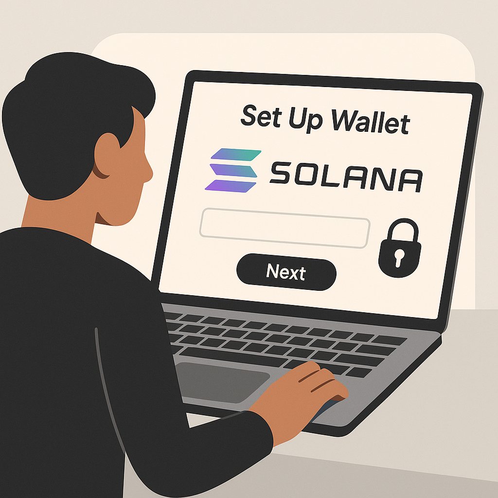 A person setting up a Solana wallet on their laptop, digital interface, secure and modern, with Solana logo visible.