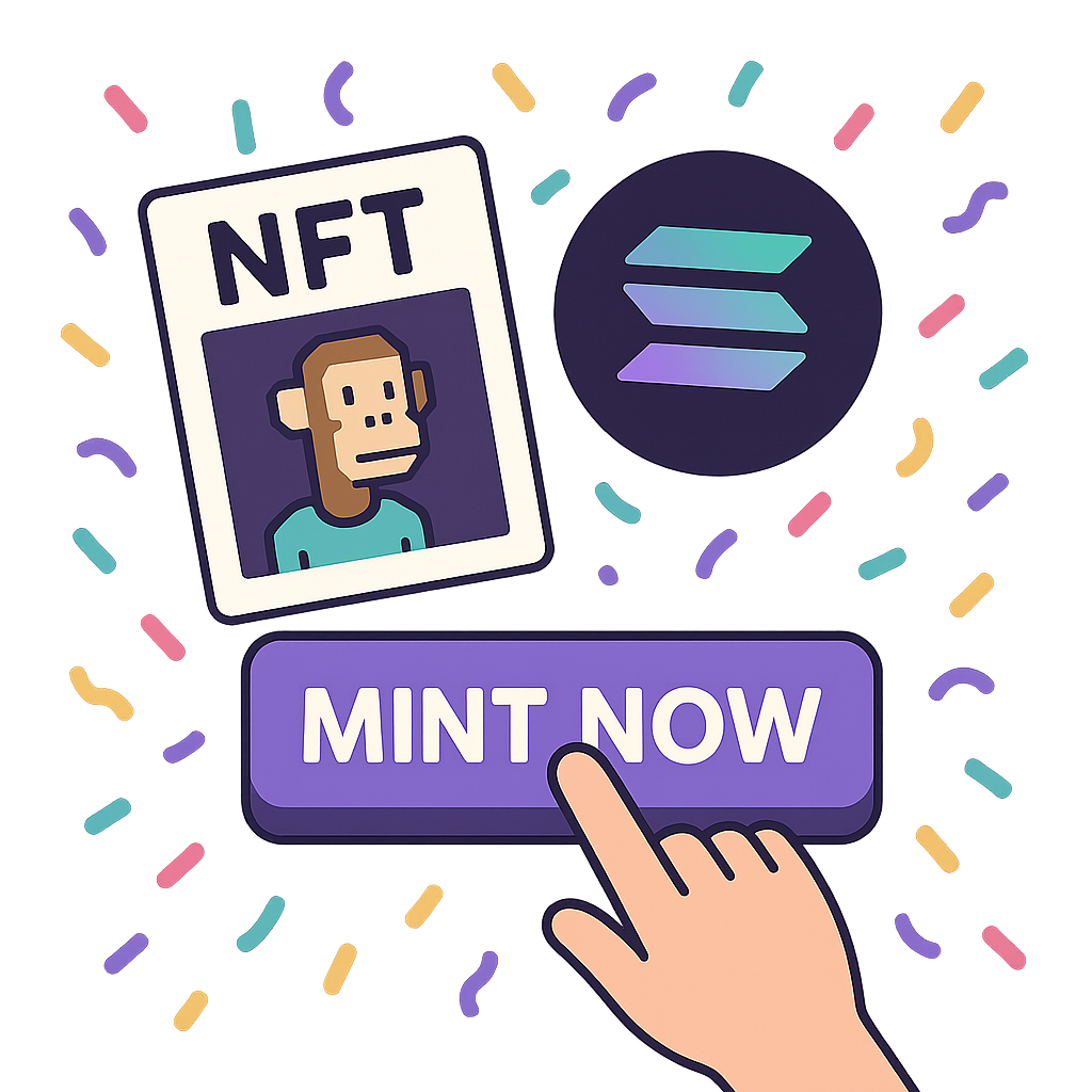 A digital button labeled 'Mint Now' being clicked, NFT graphics and Solana theme, celebratory confetti.
