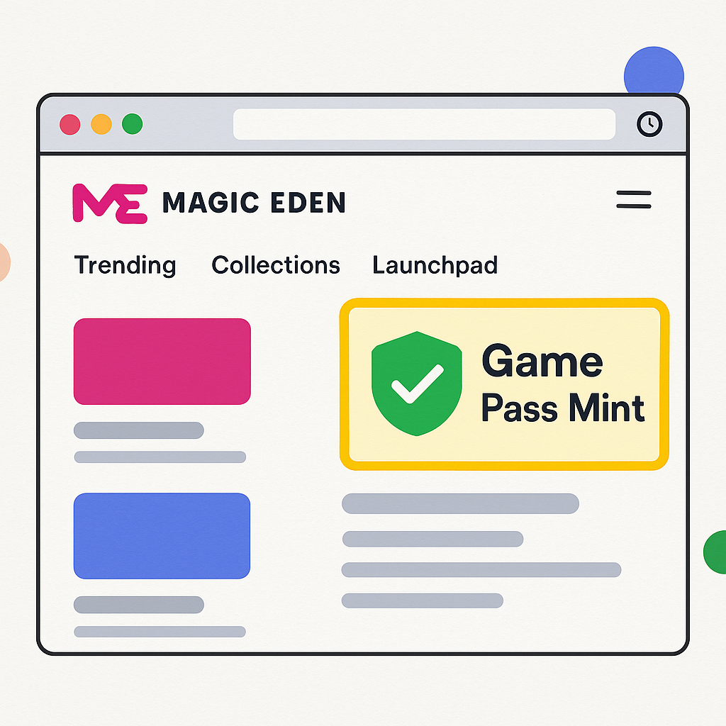 A web browser displaying Magic Eden's homepage with a highlighted 'Game Pass Mint' section, vibrant and secure.