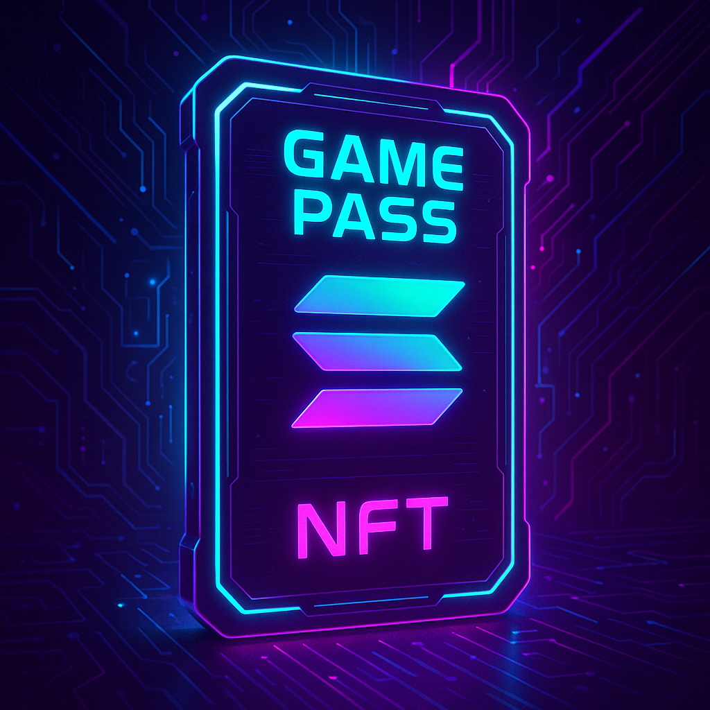 Futuristic Solana game pass NFT glowing with digital effects