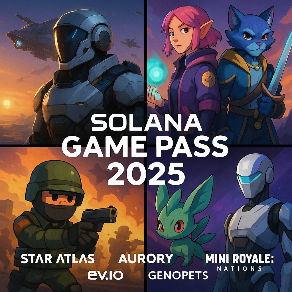 Dynamic collage featuring top Solana Game Pass 2025 games including Star Atlas, Aurory, Mini Royale: Nations, Ev.io, Genopets, and more