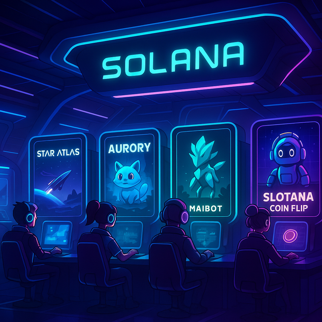 Futuristic Solana gaming hub with avatars playing Star Atlas, Aurory, Genopets, Maibot, and Slotana Coin Flip on neon-lit screens