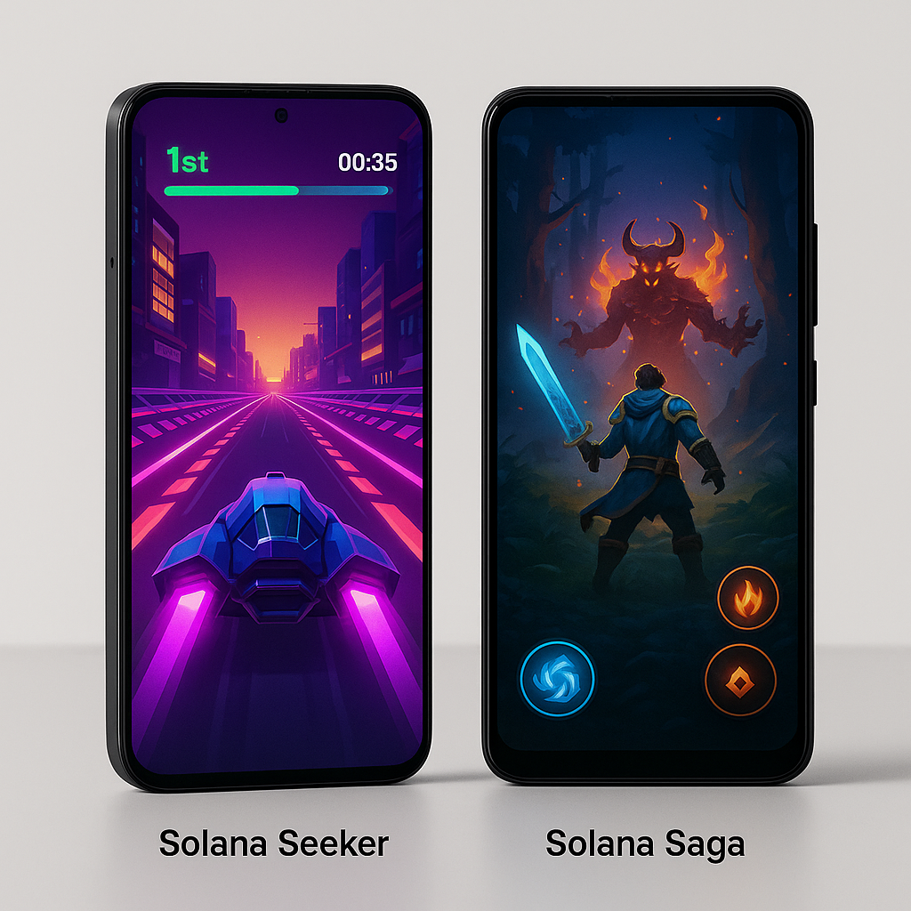 Solana Seeker Smartphone and Solana Saga Phone side by side showcasing sleek designs and gaming interfaces for web3 gaming