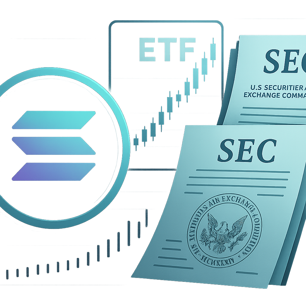 Solana logo with ETF charts and SEC documents for 2025 investment analysis
