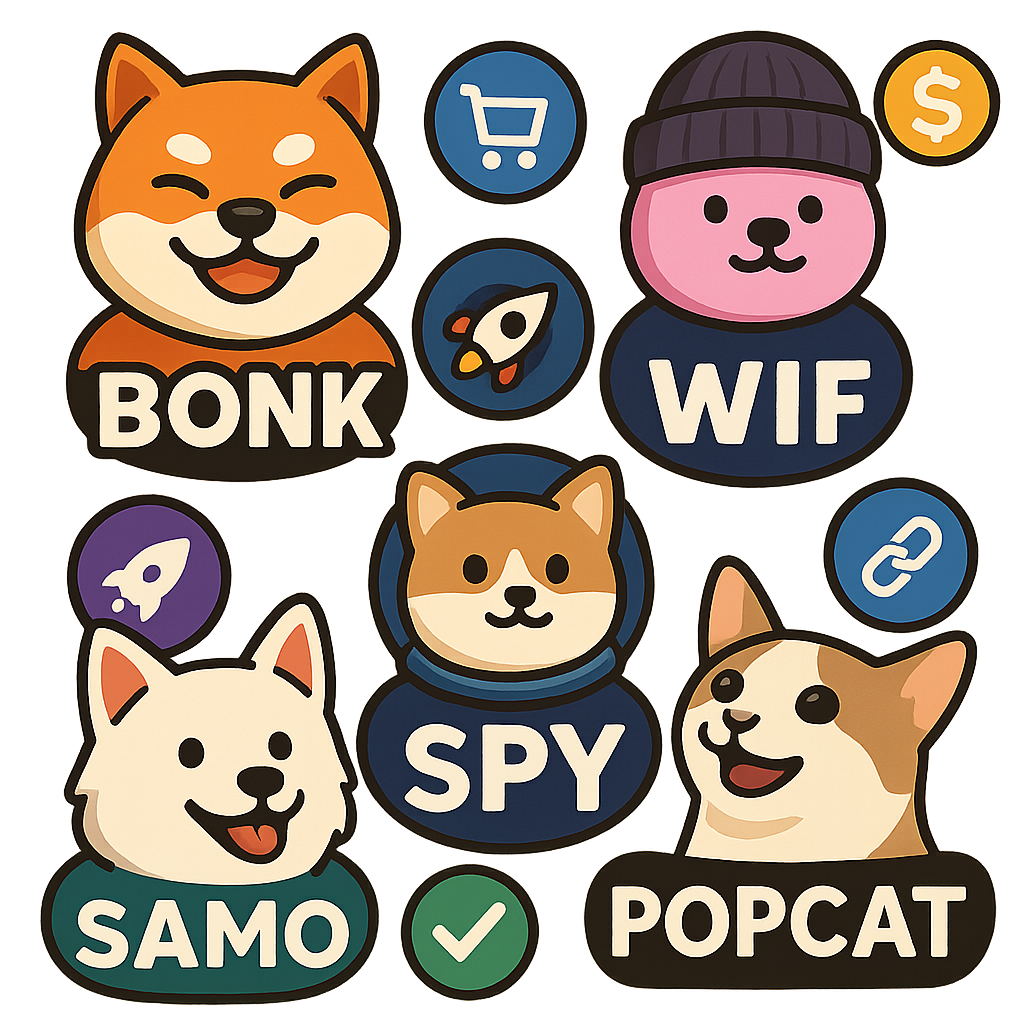 Collage of Solana memecoin logos BONK, dogwifhat (WIF), SpacePay (SPY), Samoyedcoin (SAMO), and Popcat (POPCAT) with utility icons representing payment, tools, and gaming partnerships