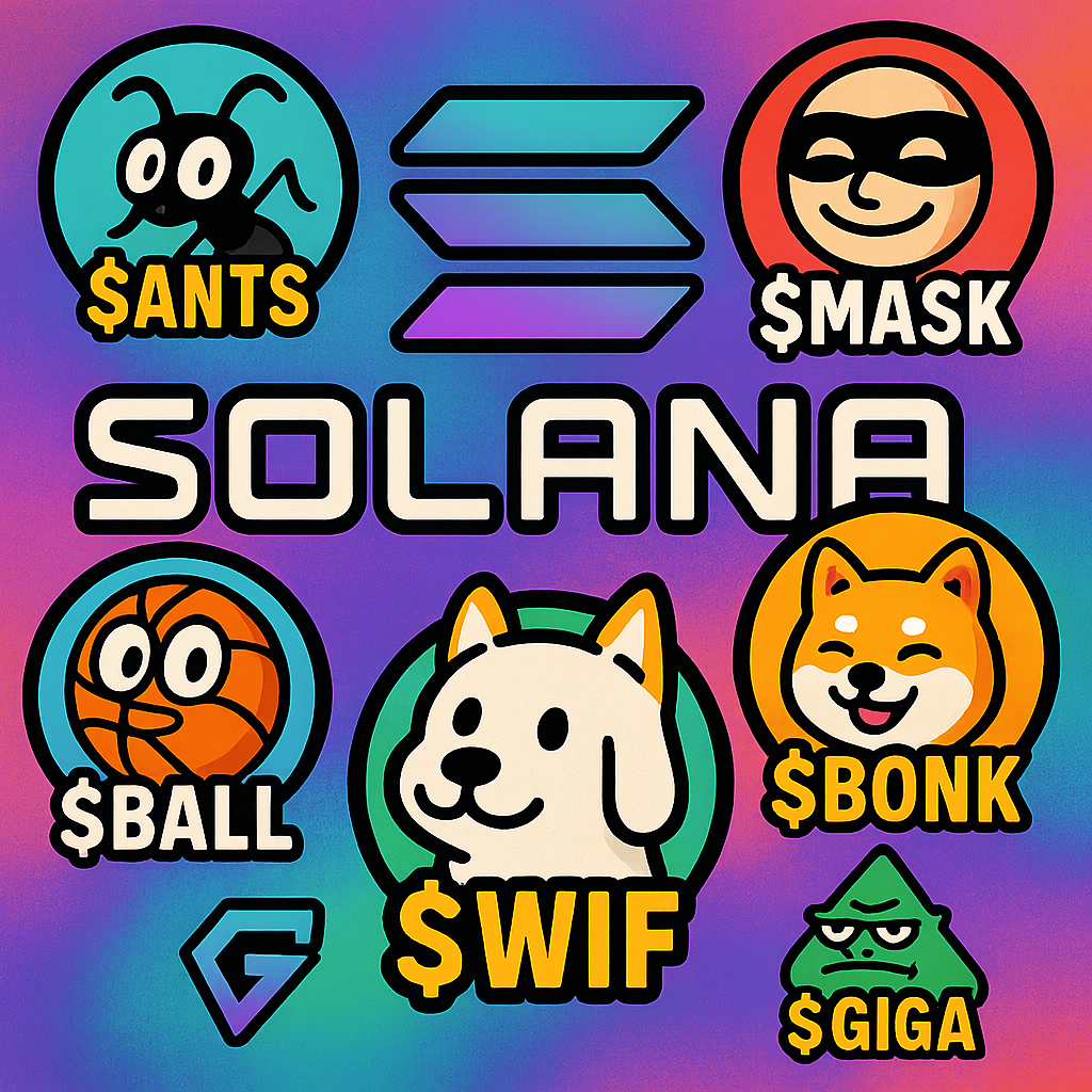 Collage of $ANTS, $MASK, $BALL, $BONK, $WIF, and $GIGA memecoin logos with Solana branding