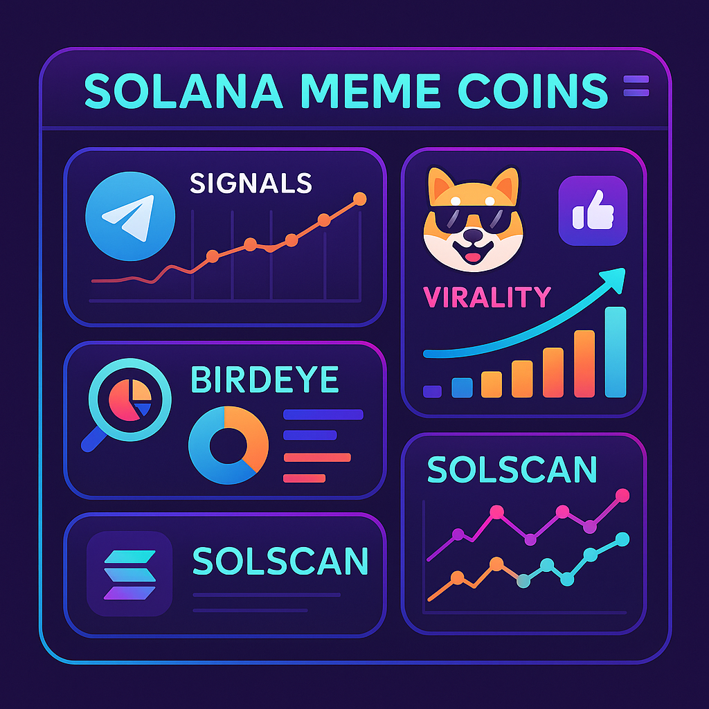 Real-time Solana meme coin analytics dashboard featuring Telegram groups, on-chain analytics tools, and social virality metrics