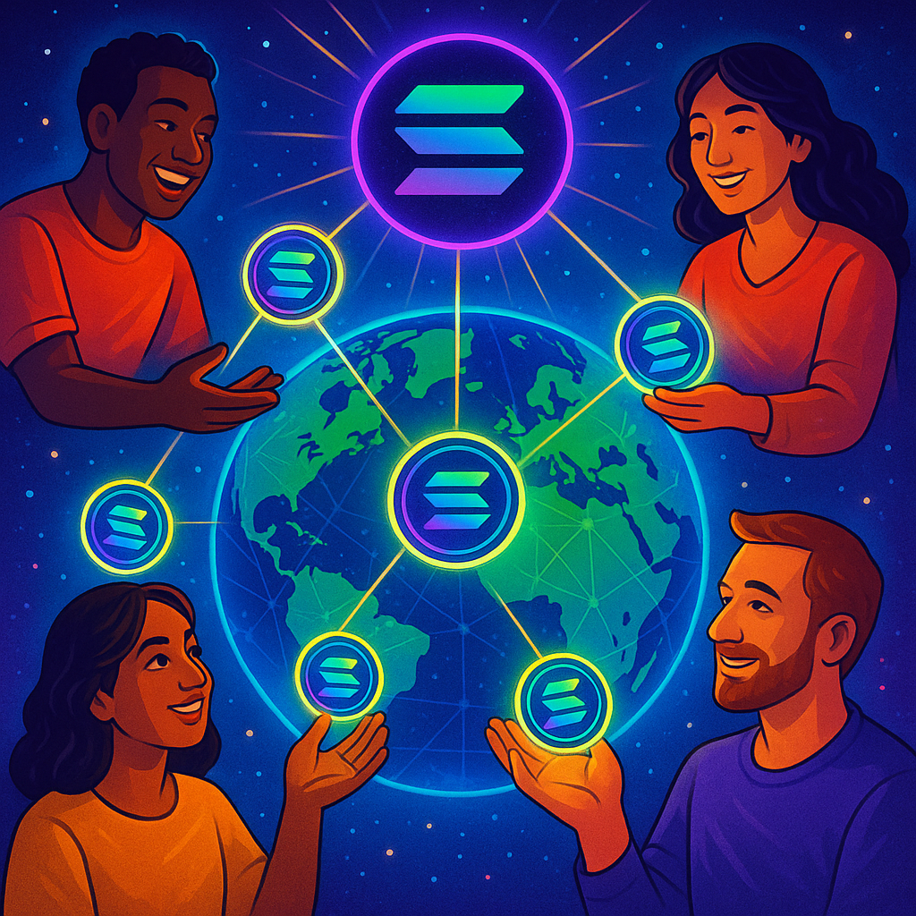 Solana network visualization with tokens airdropped to diverse global users