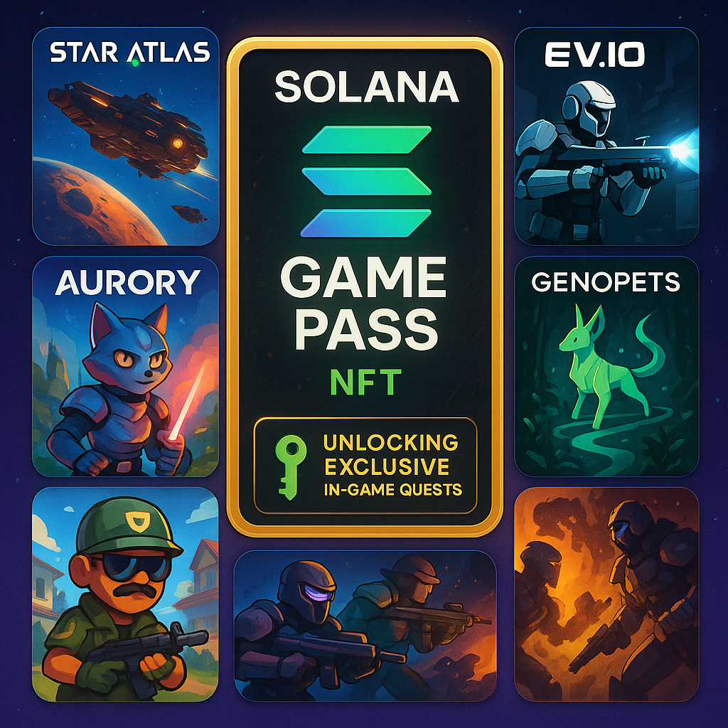 Solana Game Pass NFT unlocking exclusive quests with popular Solana games like Star Atlas, Aurory, Ev.io, Genopets, and more in the background