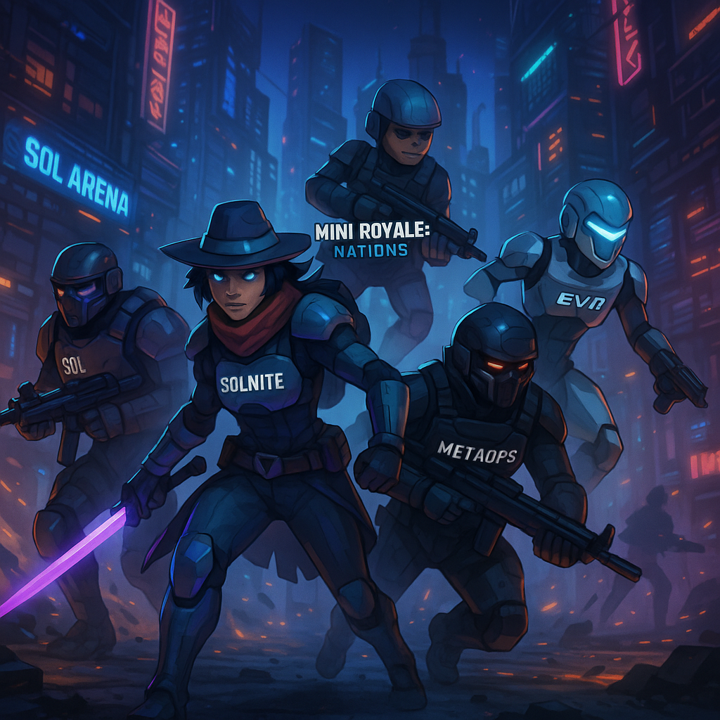 Futuristic concept art of avatars from Solnite, Sol Arena, Mini Royale: Nations, EV.IO, and MetaOps together, representing top Solana battle royale games 2025
