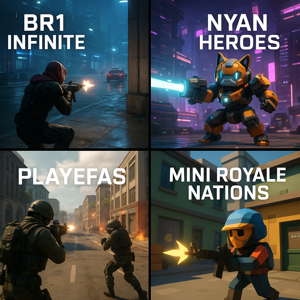 Futuristic Solana FPS gameplay montage featuring BR1 Infinite, Nyan Heroes, PlayEFAS, and Mini Royale Nations