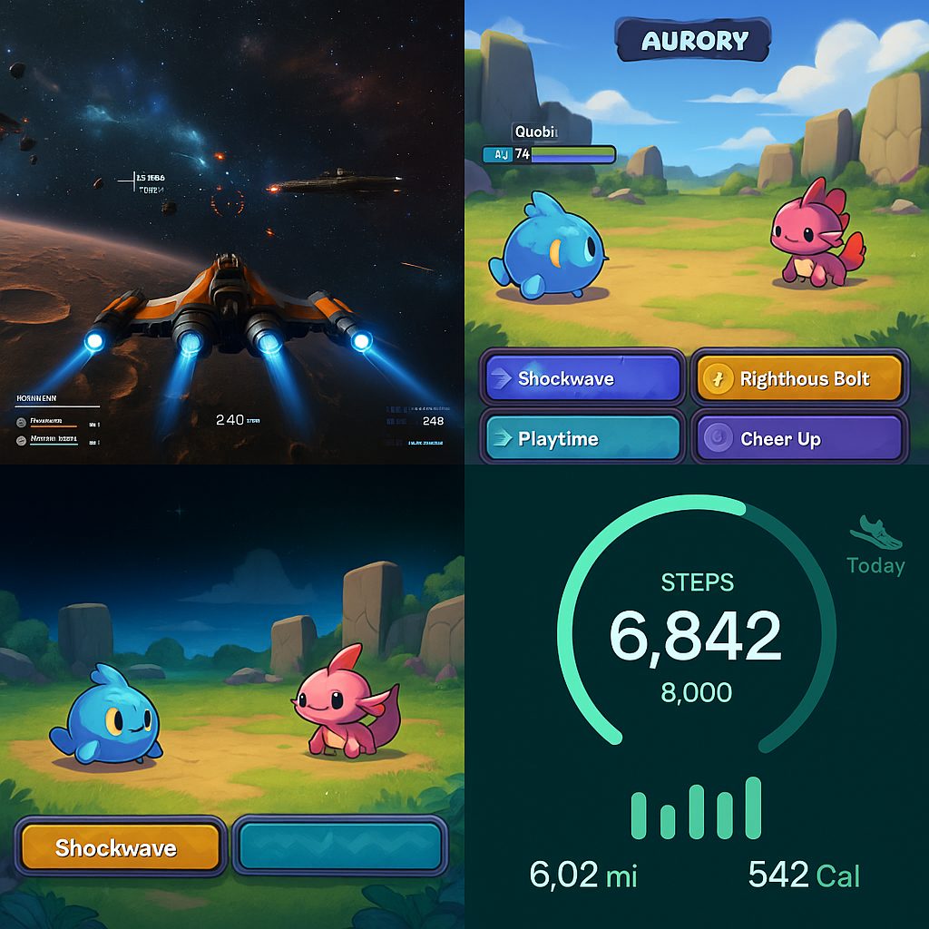 Collage of gameplay screenshots from top Solana games: Star Atlas ships, Aurory Nefties battle scene, and Genopets step tracking interface, highlighting crypto gaming in 2025.