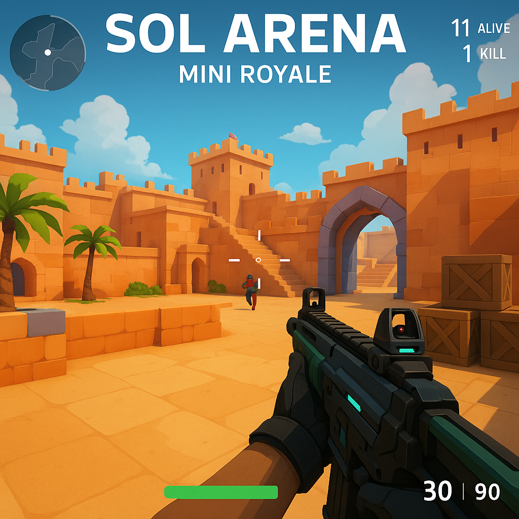 Intense in-game screenshot featuring Solnite, Sol Arena, Mini Royale: Nations, EV.IO, and MetaOps, top Solana Battle Royale games for 2025