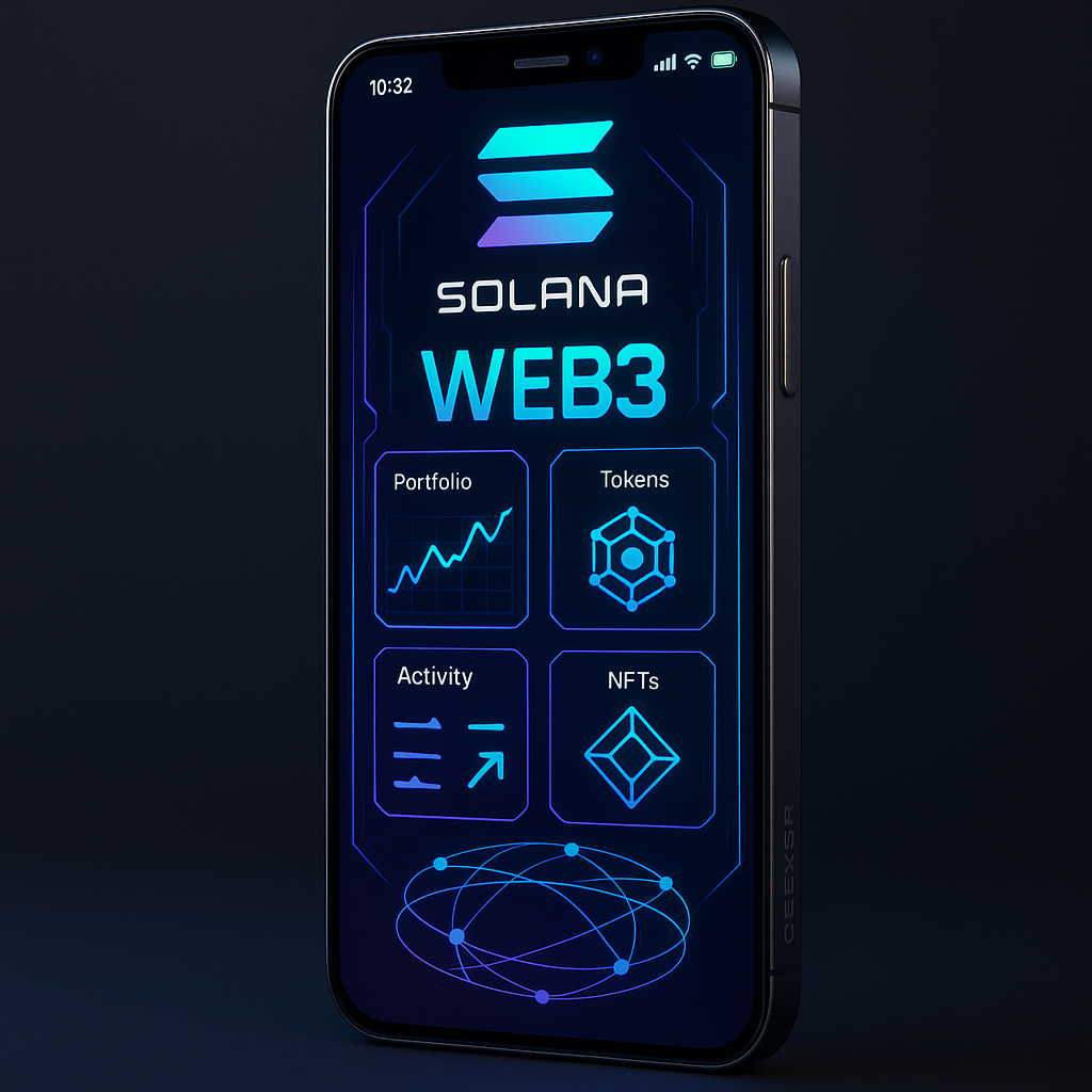 Render of Solana Seeker smartphone displaying a futuristic Web3 interface