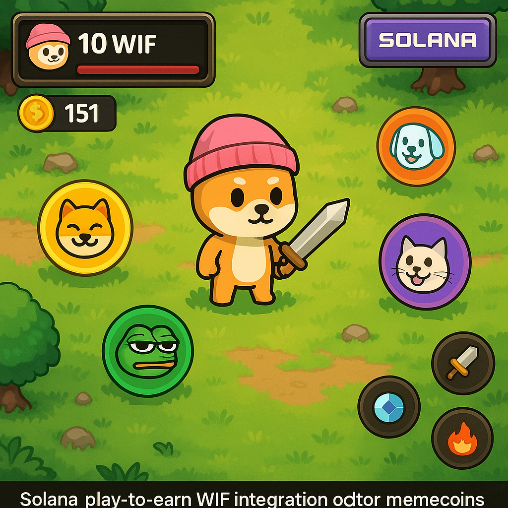 Screenshot from a Solana play-to-earn game featuring dogwifhat (WIF) integration, highlighting top utility memecoins BONK, WIF, SPY, SAMO, and POPCAT in 2025