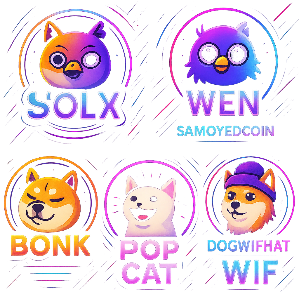 Vibrant collage of Solana meme coin logos including SOLX, WEN, Samoyedcoin (SAMO), BONK, POP CAT, and DOGWIFHAT (WIF) with futuristic neon effects