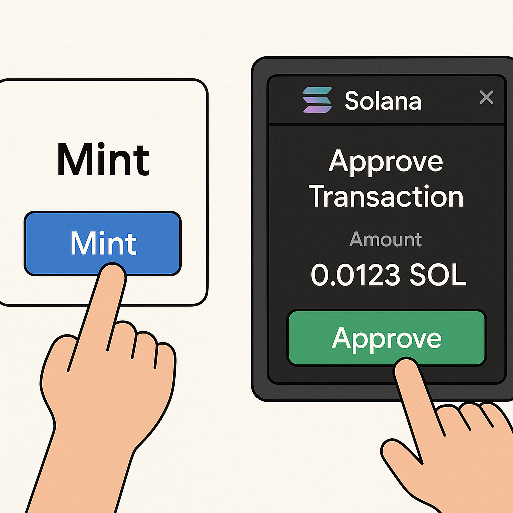 A user clicking the 'Mint' button and approving a transaction in a Solana wallet pop-up, digital art, clear UI elements