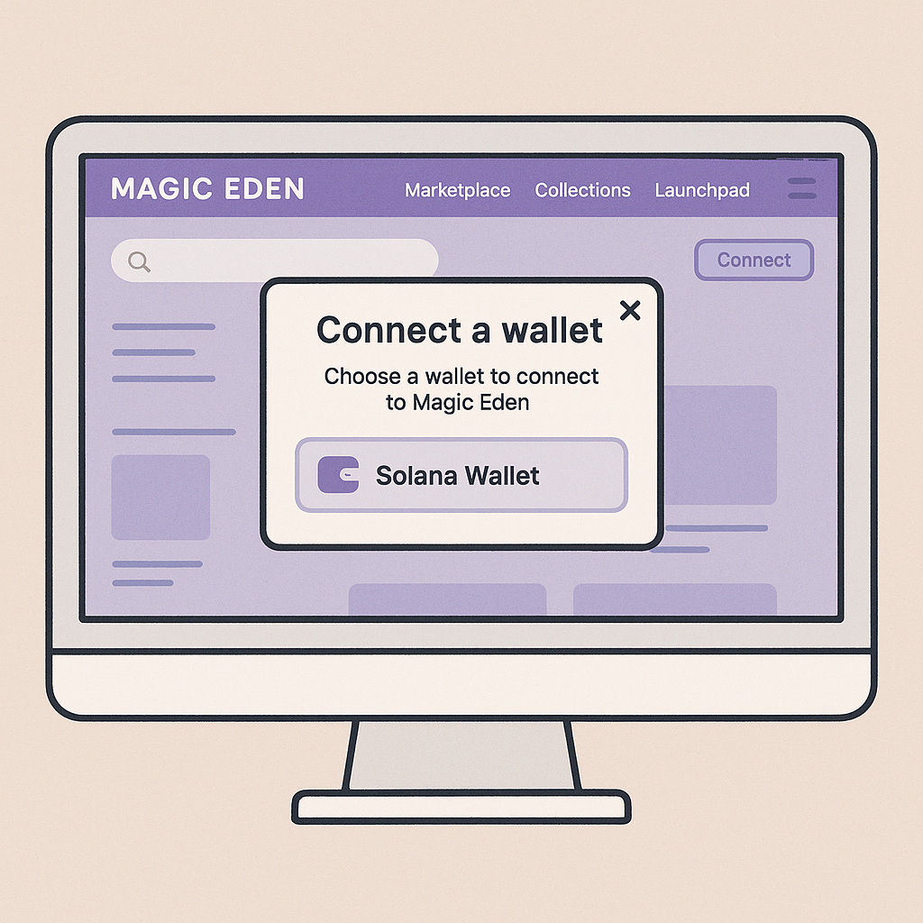 A computer screen showing the Magic Eden website with a pop-up to connect a Solana wallet, user-friendly interface, digital art style