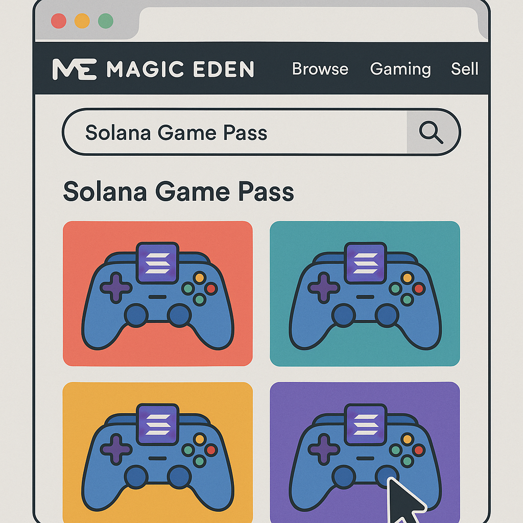 A user searching for 'Solana Game Pass' on the Magic Eden marketplace, clear interface, NFT collection visible, digital art