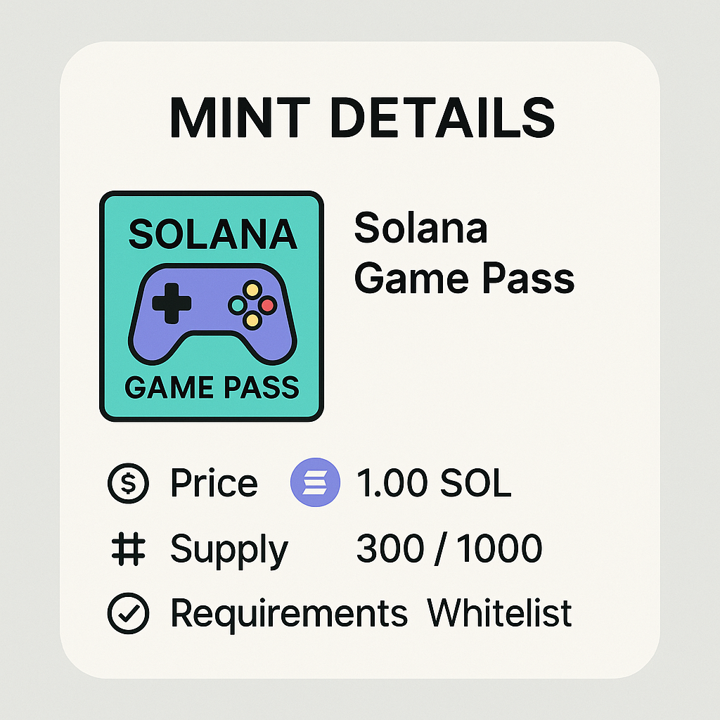 A close-up of the mint details page for Solana Game Pass, showing price, supply, and requirements, clean layout, digital art