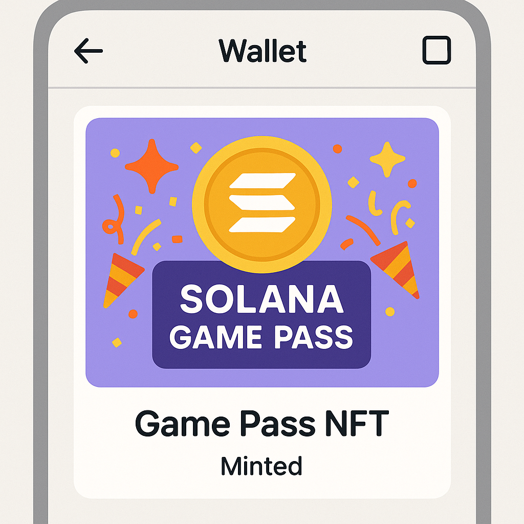 A wallet interface displaying the newly minted Solana Game Pass NFT, celebratory digital art, easy-to-read screen