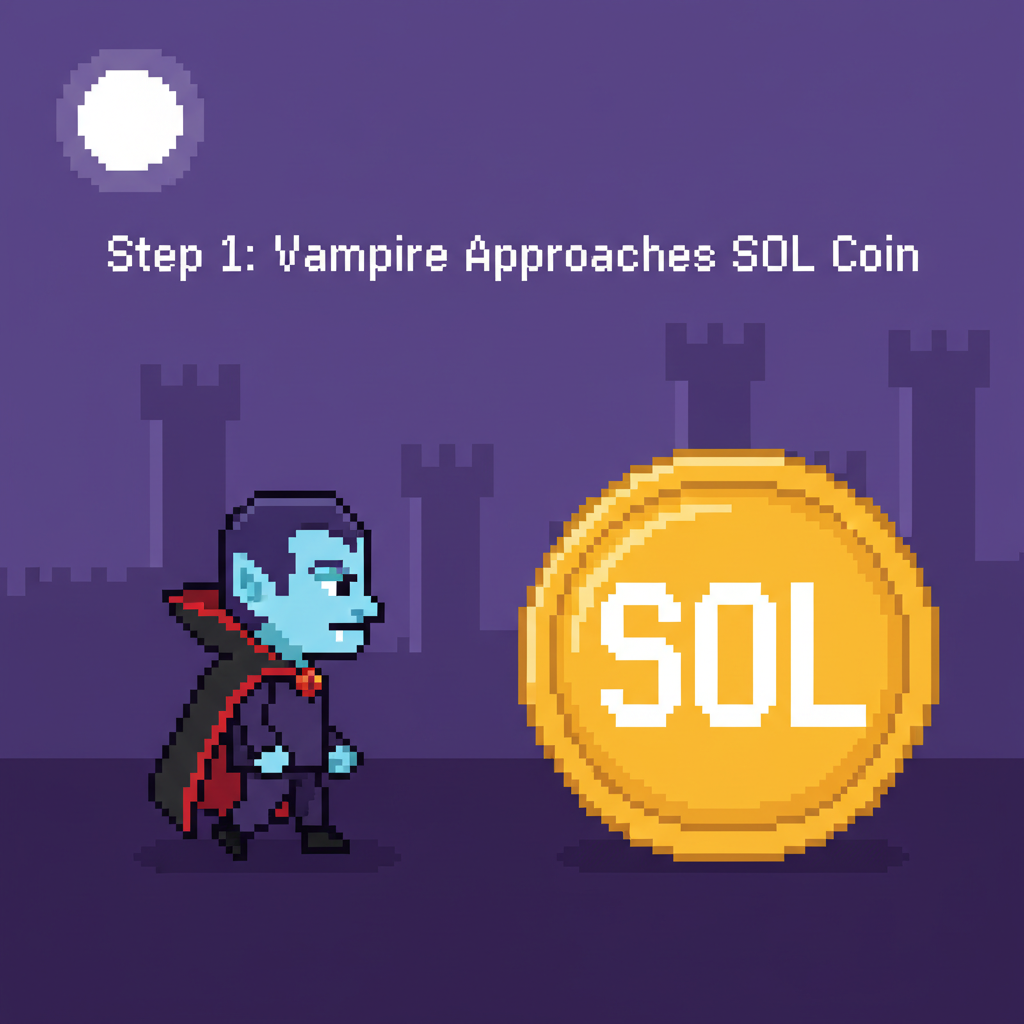 sequence of vampire bite attacks stealing SOL coins in blockchain game pixel art