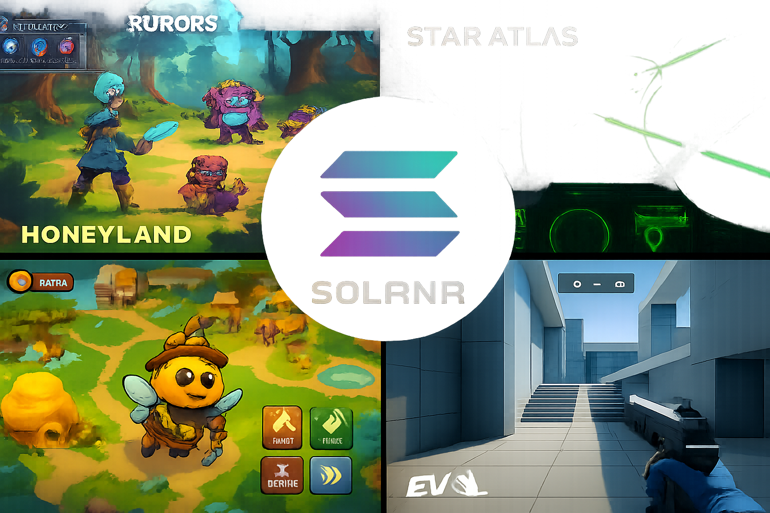 Dynamic collage featuring gameplay screenshots from Aurory, Star Atlas, Honeyland, STEPN, and Ev.io with the Solana logo overlay, showcasing top play-to-earn Solana games for 2025.
