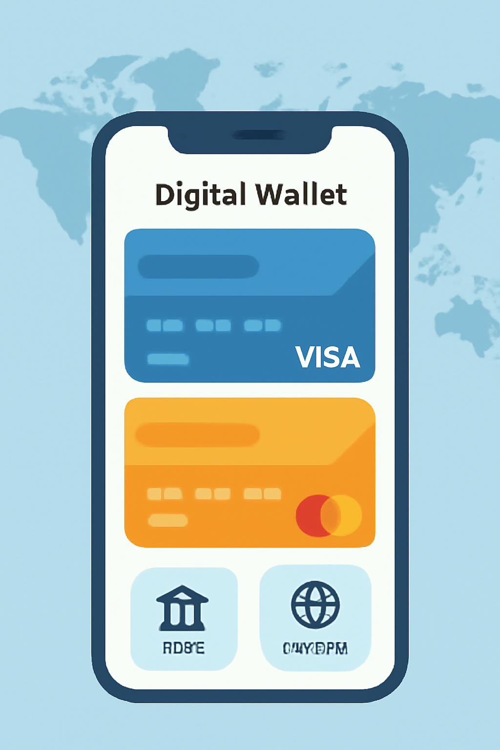 A digital wallet app displaying virtual Visa and Mastercard cards, with icons for ACH and Fedwire transfers, global map in the background.