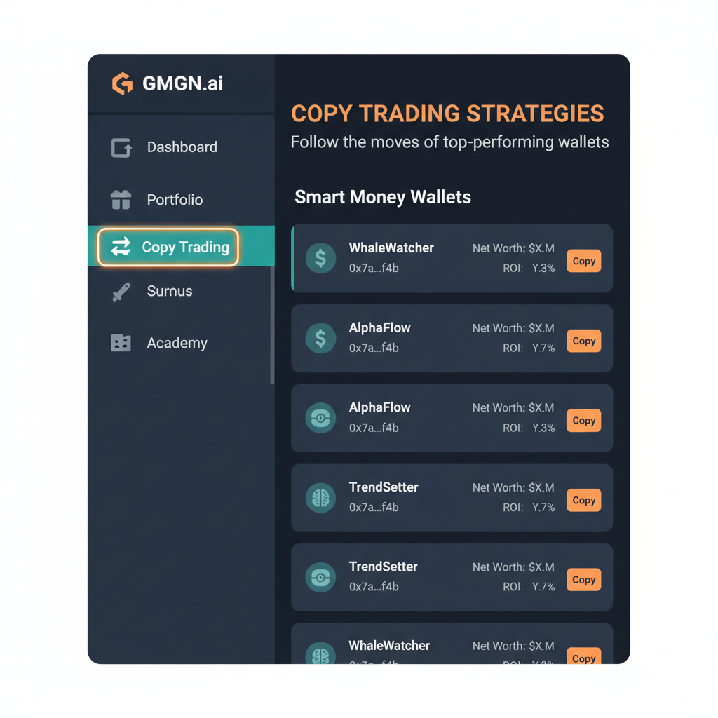 GMGN.ai dashboard screenshot highlighting copy trading menu with smart money wallets list