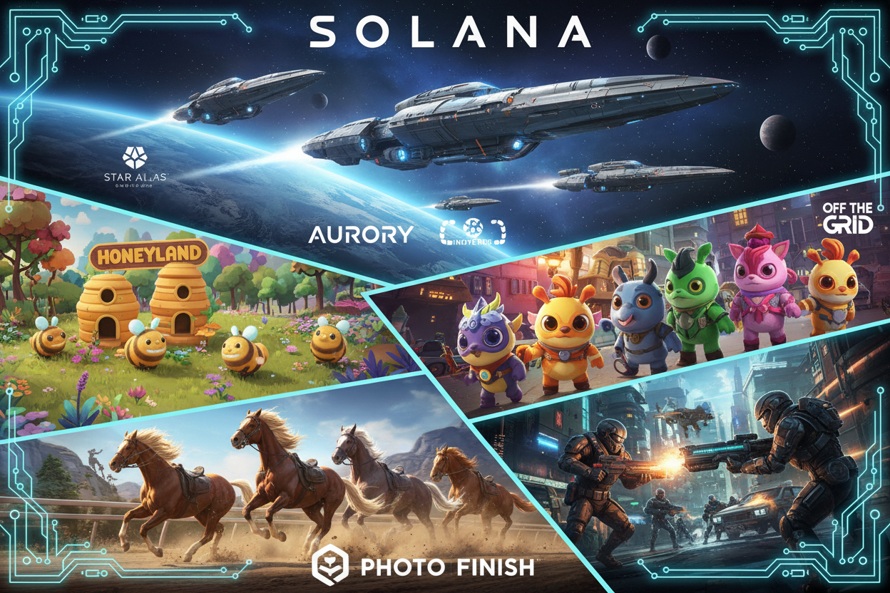 Dynamic collage showcasing Star Atlas spaceships, Honeyland beehives, Aurory Nefties, Off the Grid battles, and Photo Finish horses for top Solana games 2026