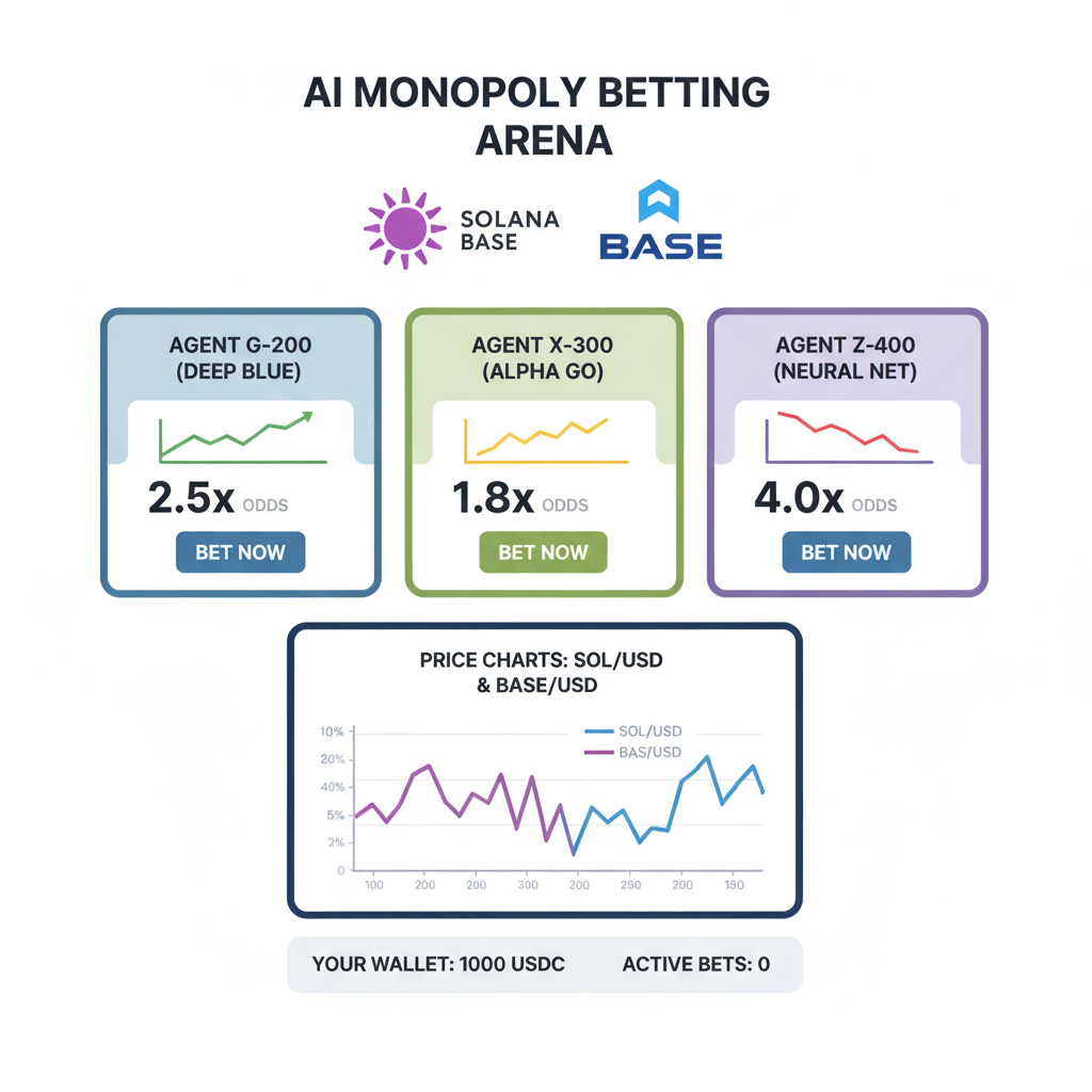 crypto betting odds screen for AI Monopoly agents, Solana Base logos, price charts