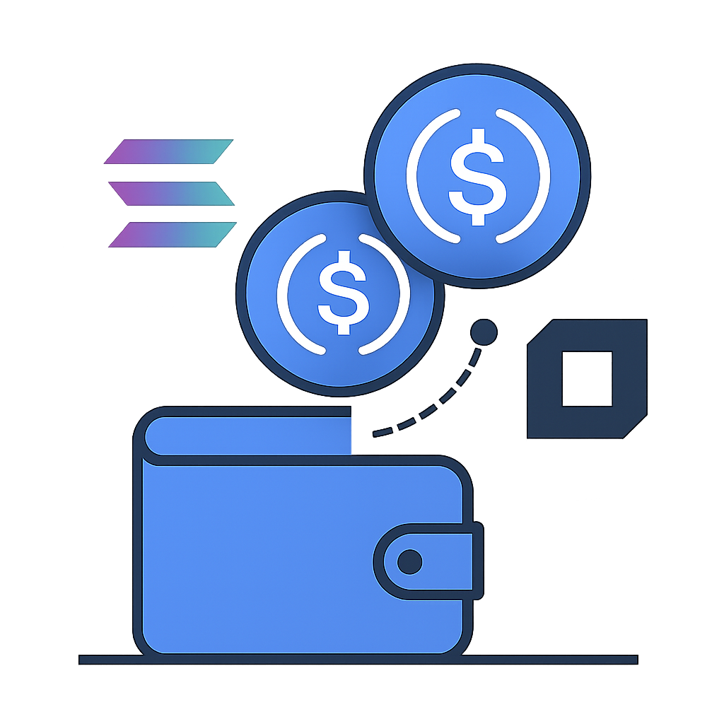 A digital wallet icon receiving USDC coins, with Solana and platform logos in the background.