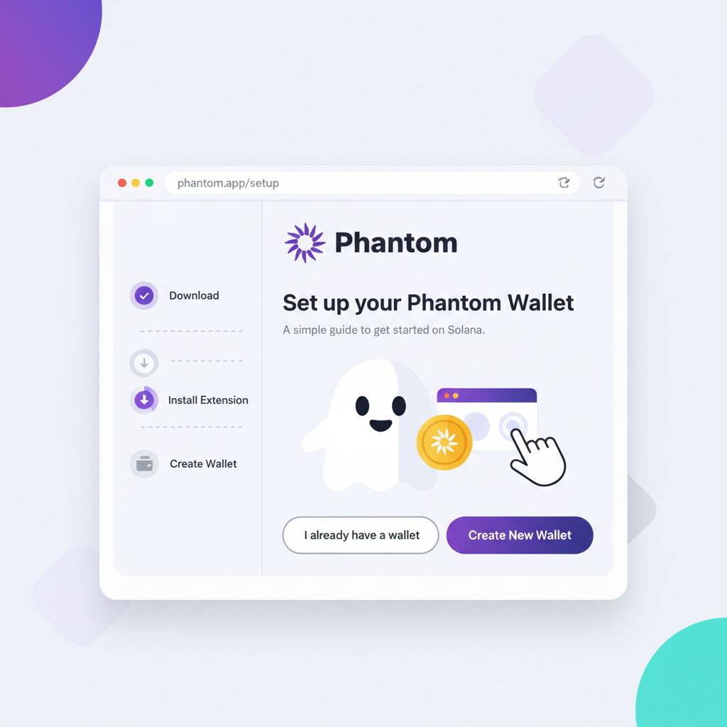 Phantom wallet setup screen on desktop browser, clean UI, Solana logo