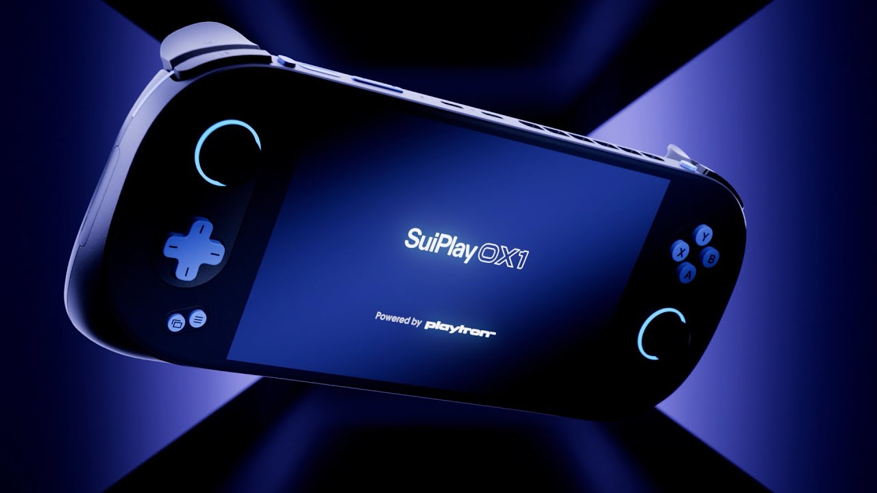 Close-up of PSG1 Play Solana handheld gaming console showcasing vibrant 5-inch OLED screen and ergonomic buttons for Web3 Solana gaming