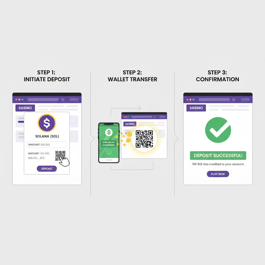 solana SOL deposit interface on casino site, wallet transfer animation, green checkmark confirmation