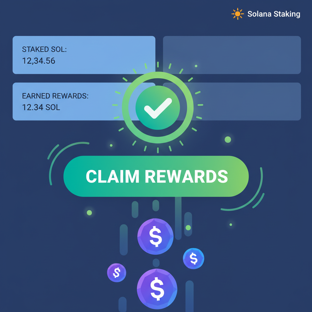 /imagine prompt: rewards claim button on Solana staking dApp, tokens flowing, success animation, green highlights --ar 16:9