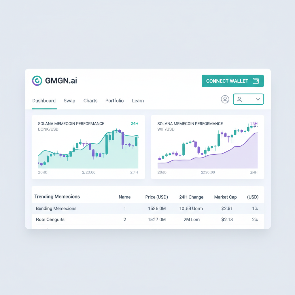 clean screenshot of GMGN.ai homepage dashboard with Solana memecoin charts and wallet connect button