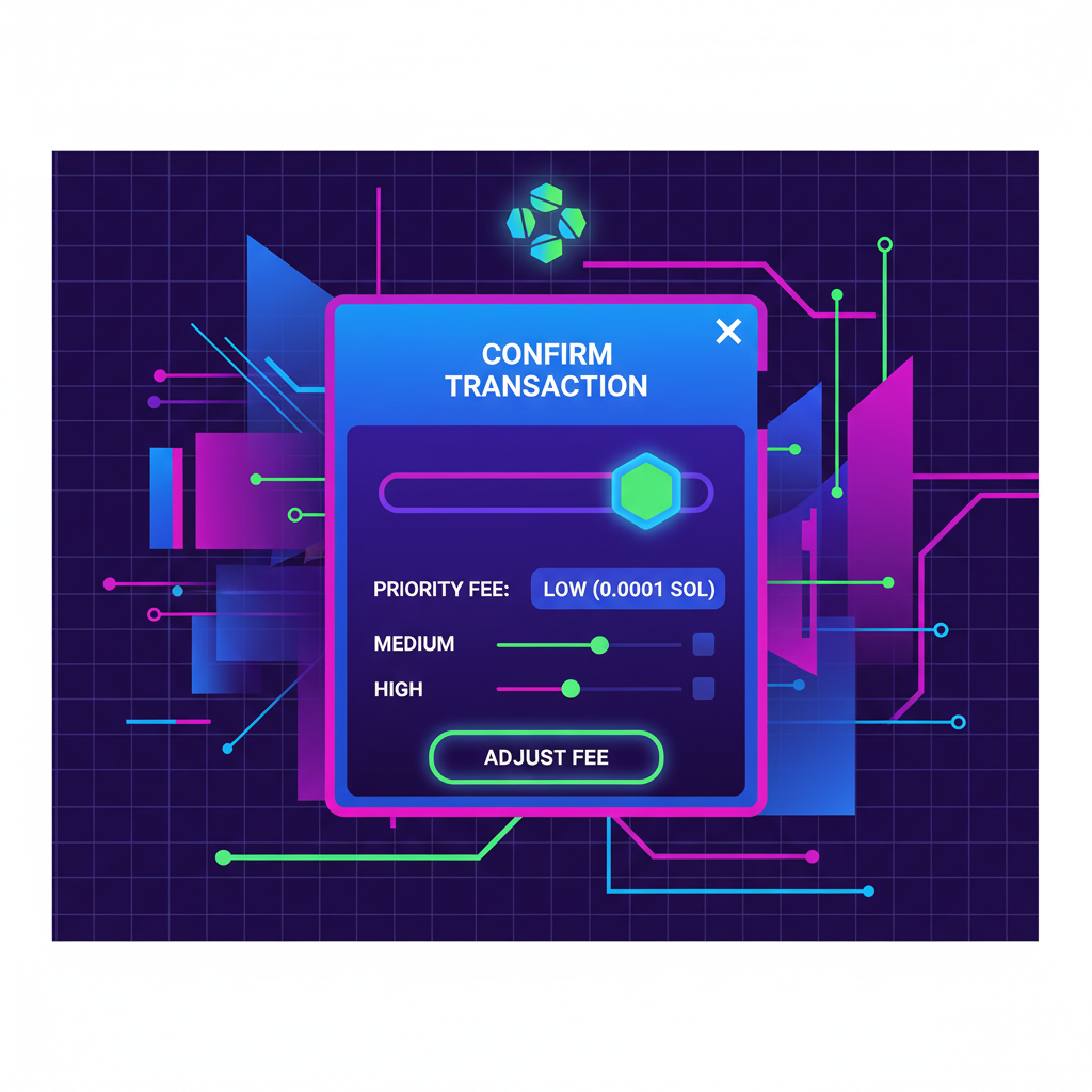 Solana wallet interface adjusting low priority fees for transaction cyberpunk neon