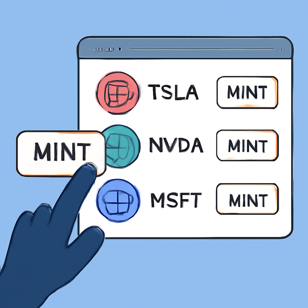 A user clicking a 'Mint' or 'Buy' button next to digital stock icons (TSLA, NVDA, MSFT) on a modern trading interface.