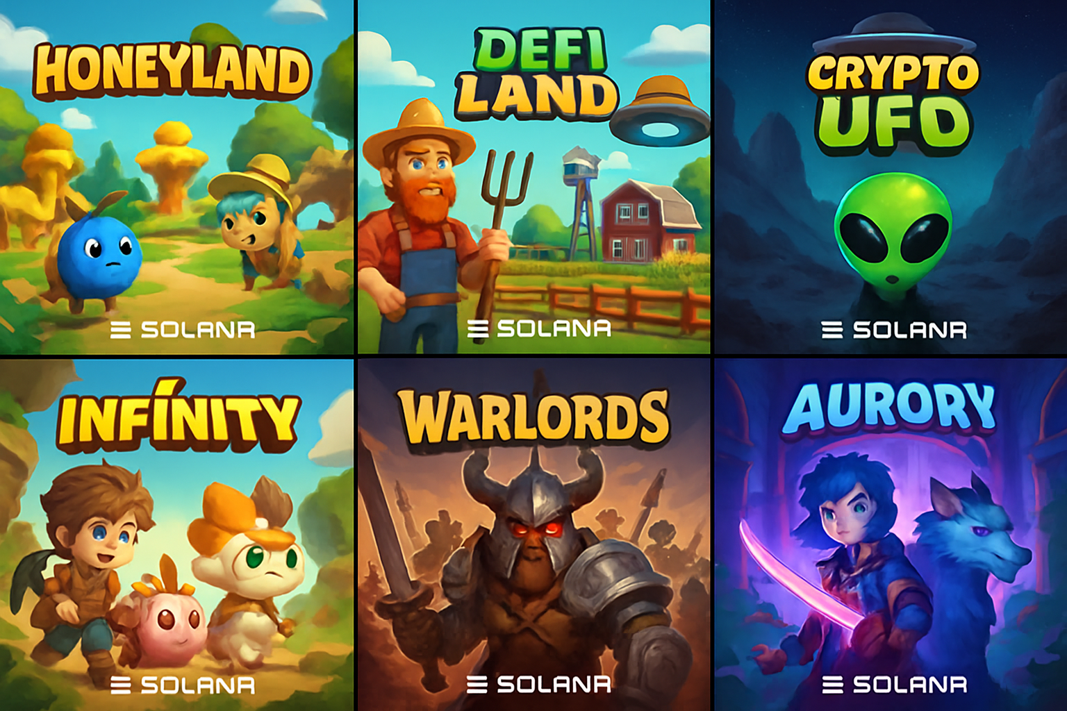 Dynamic collage featuring gameplay moments from Honeyland, DeFi Land, Crypto UFO, Infinity Warlords, and Aurory—top Solana blockchain games of 2025 with NFT integration and real rewards.