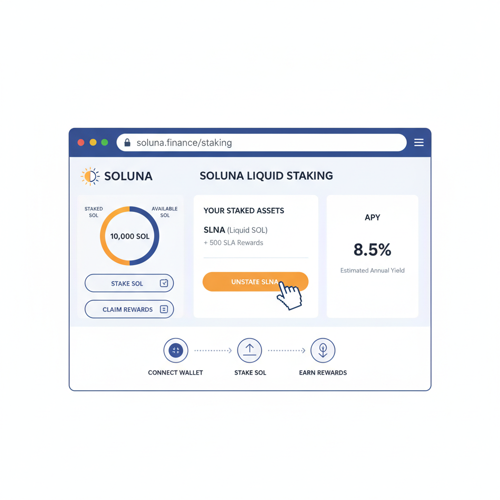 web browser showing $SOLUNA staking dashboard on Solana, liquid staking UI