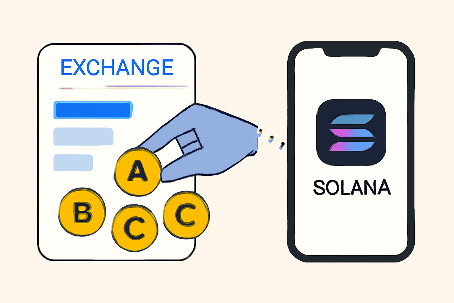 A hand transferring digital stock tokens from an exchange interface to a Solana wallet app on a smartphone.