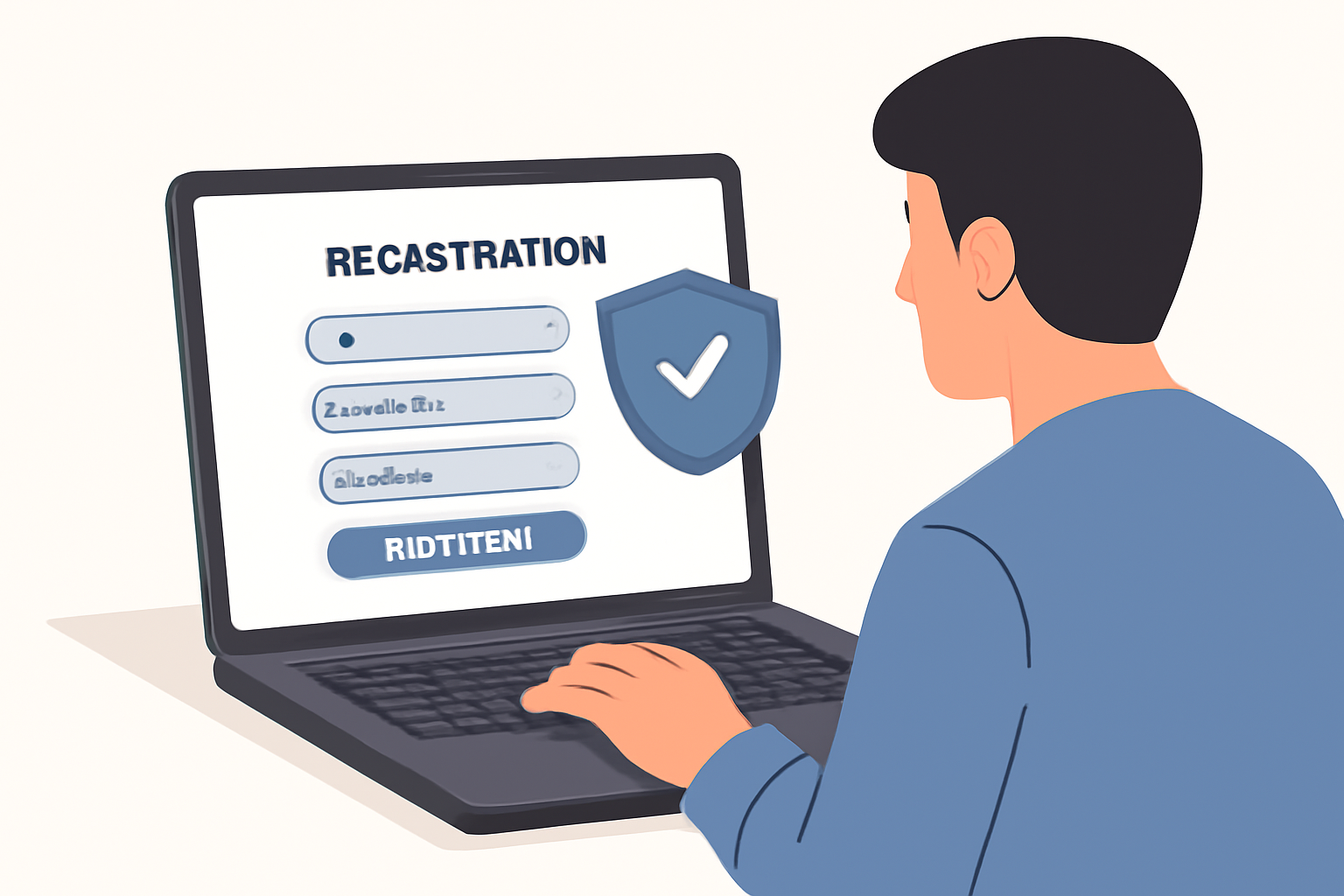 A user filling out a registration form on a laptop, with a shield and checkmark symbolizing security and verification.