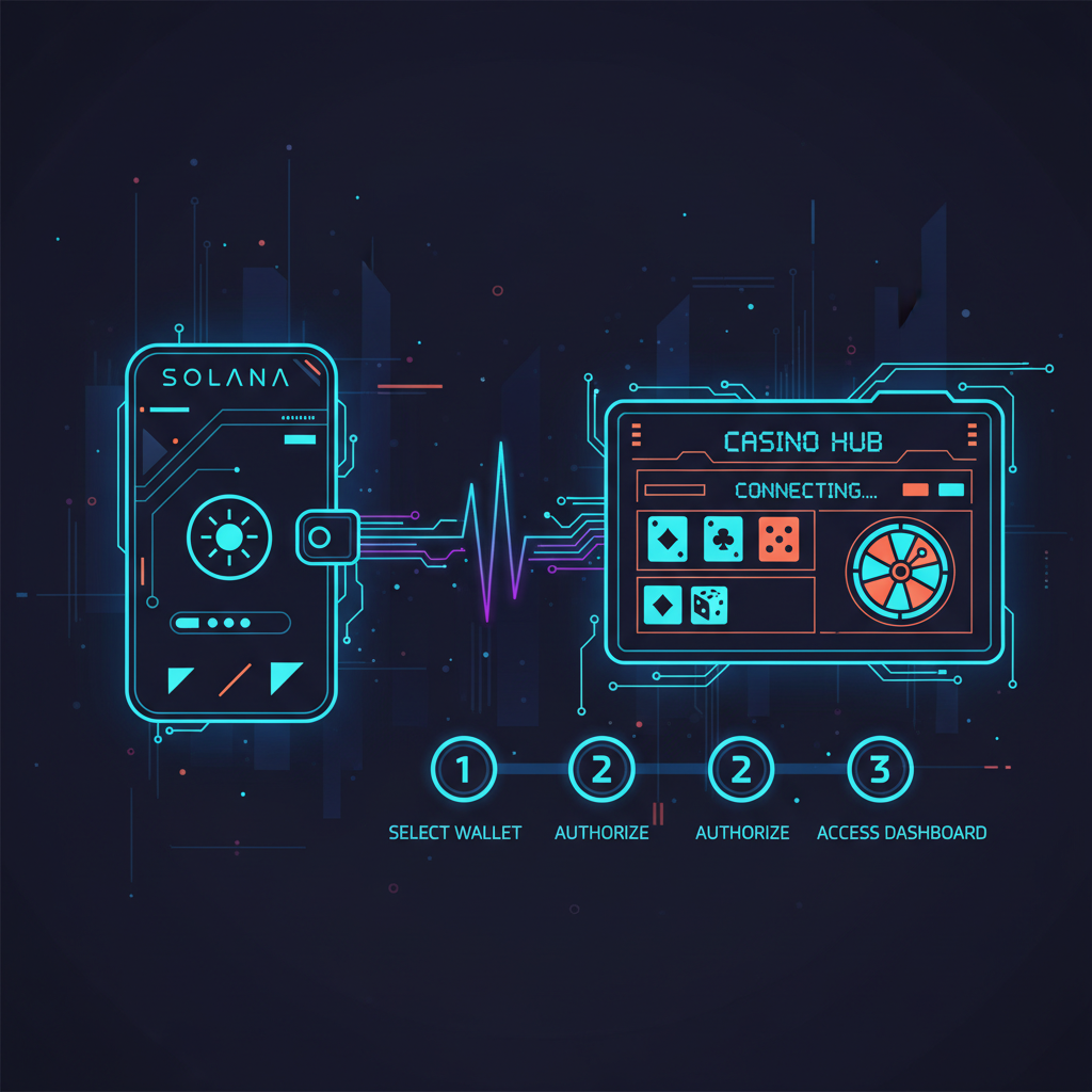 futuristic solana wallet connecting to casino dashboard, neon blue UI, professional cyberpunk style