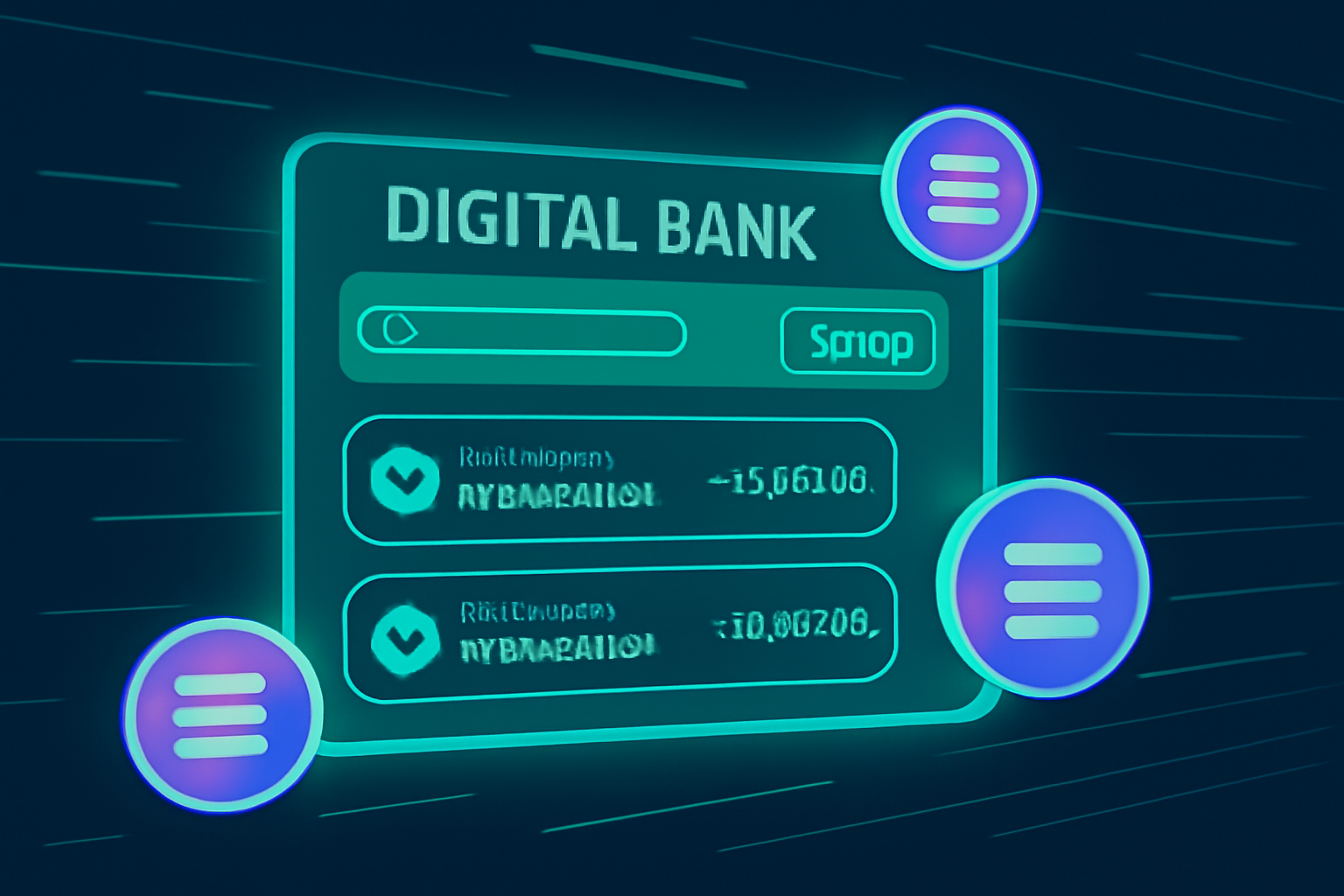 A futuristic digital bank interface running on a glowing Solana blockchain, with speed lines and transaction confirmations, SOL coins visible.