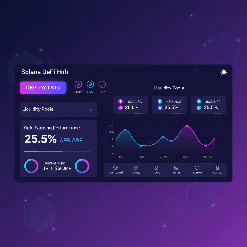 /imagine prompt: DeFi dashboard deploying LSTs on Solana, liquidity pools, yield farming charts, vibrant purple blues --ar 16:9