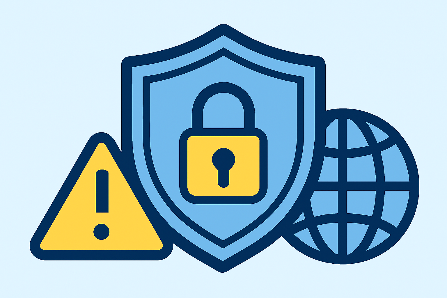 A lock and shield protecting digital assets, with a warning sign and a globe to represent global compliance.